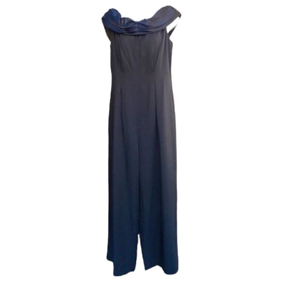 VTG Jennifer Enzer Off Shoulder Ruched Satin Sleeveless Full Pant Tux Jumpsuit - Picture 2 of 12